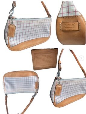 Coach White and Pink Plaid Mini Shoulder Bag with Tan Leather Trim